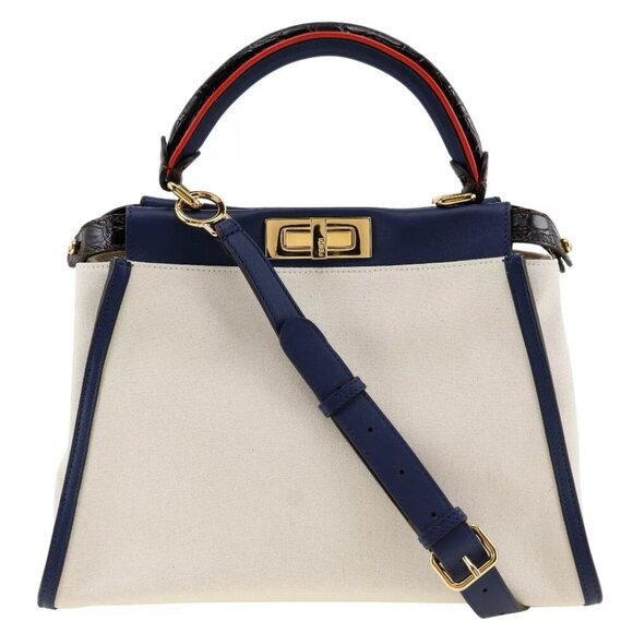 FENDI Peekaboo Handbag 8BN290 2WAYShoulder White / navy canvas/Calfskin Women - Picture 1 of 12
